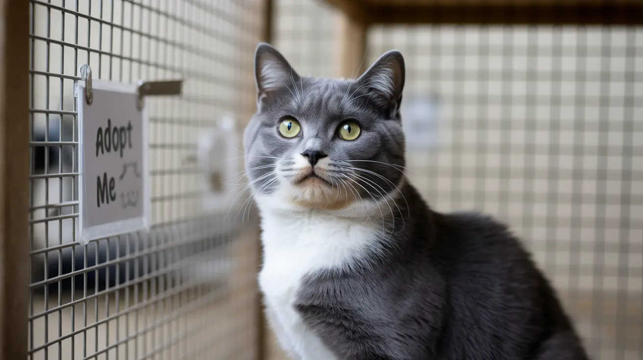 Gray and white tuxedo cat with a unique nose stripe waiting for adoption
