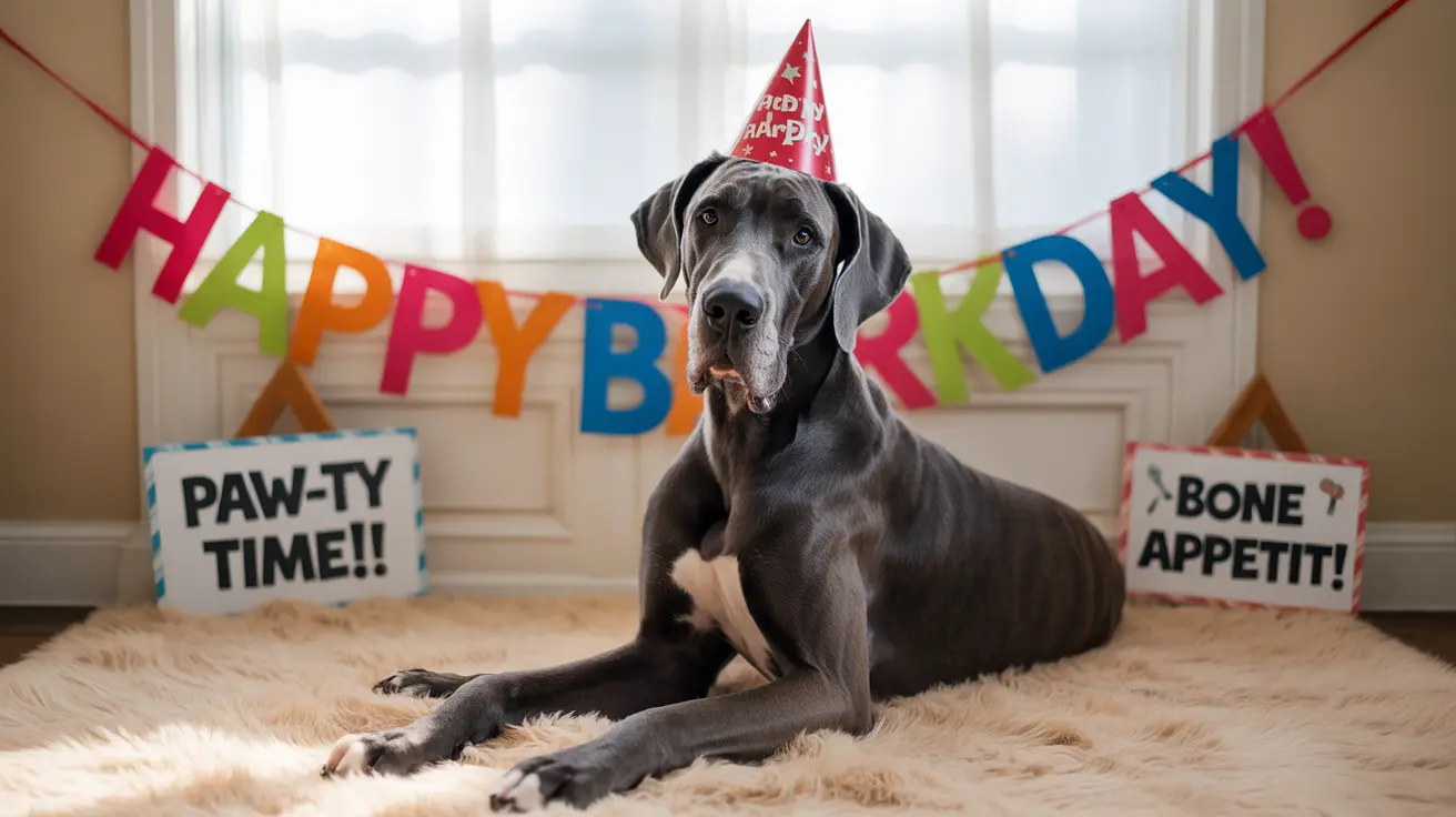 A gray Great Dane wearing a red birthday party hat sits on a furry rug with birthday decorations surrounding him.