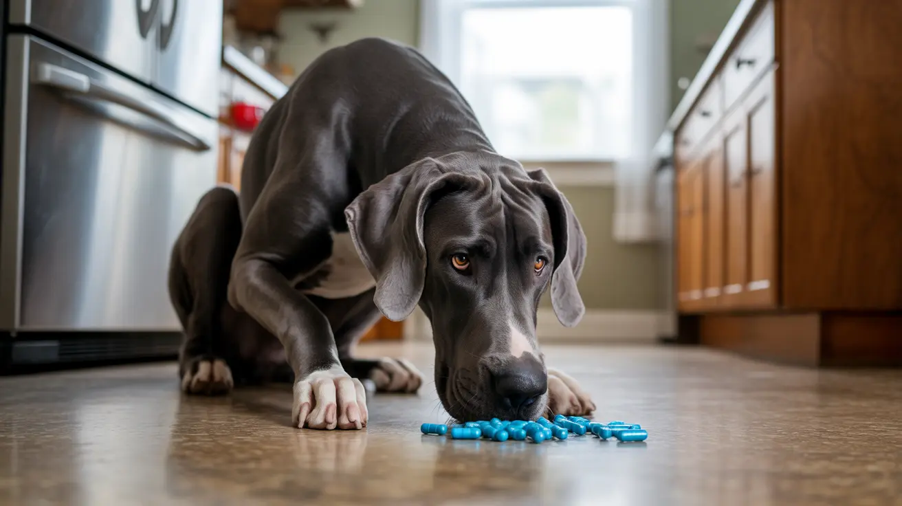A large gray Great Dane examining blue dog treats on the kitchen floor