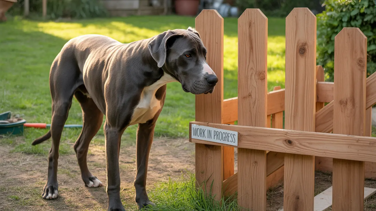 A muscular gray and white Great Dane standing next to a wooden fence with a 'Work in Progress' sign