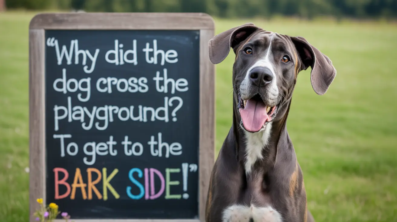 A playful Great Dane sitting next to a chalkboard with a humorous dog joke