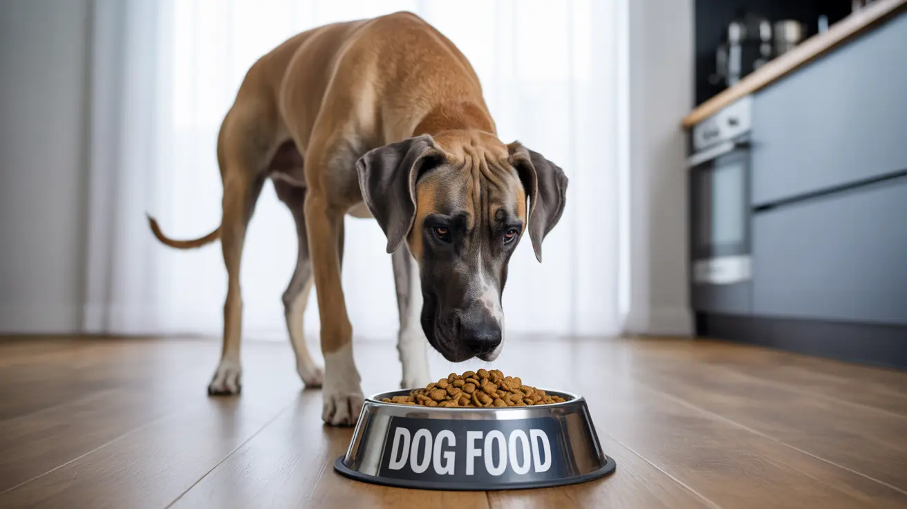 A large brown and white Great Dane looking at a bowl of dog food on a wooden floor in a kitchen.