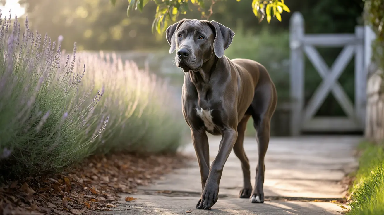 A majestic Great Dane on a garden pathway with lavender plants