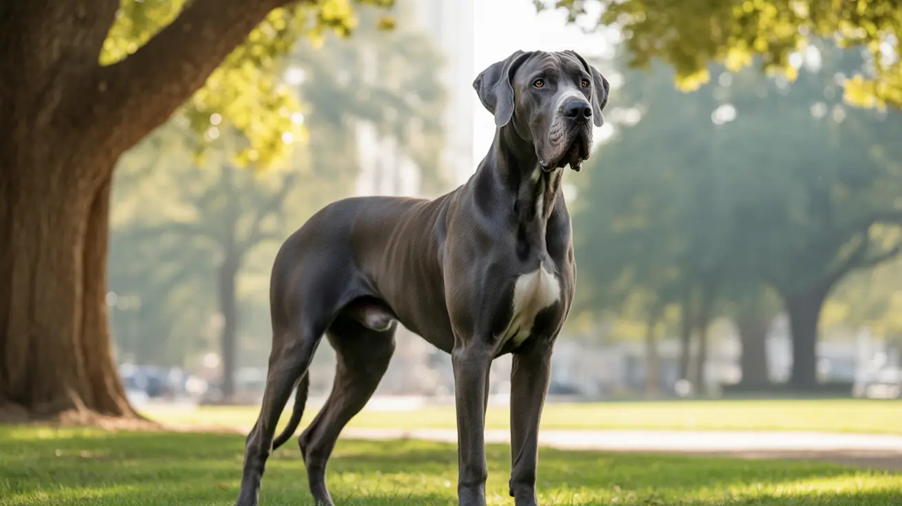 Majestic black and white Great Dane standing alert in a sunlit park with trees
