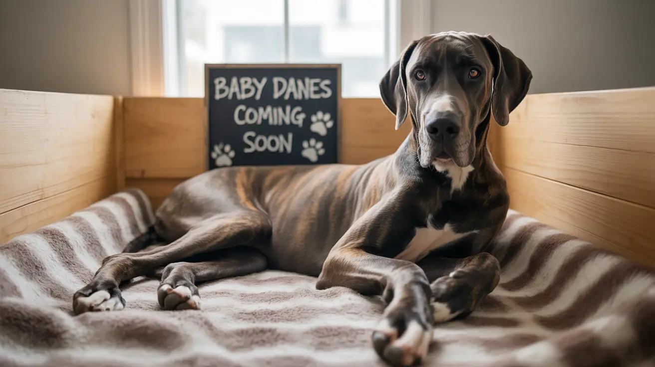 A Great Dane resting on a striped blanket next to a sign announcing 'Baby Danes Coming Soon'