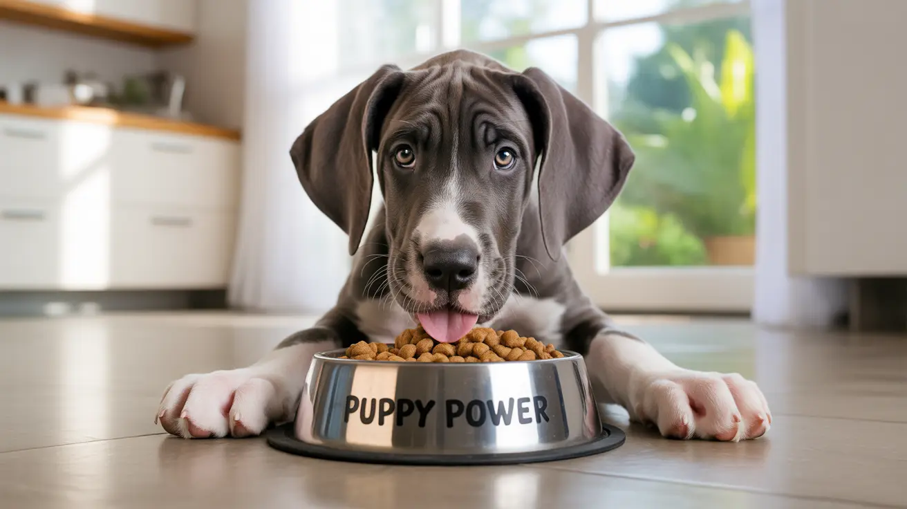 A young Great Dane puppy sitting in front of a full food bowl with a playful and eager expression.