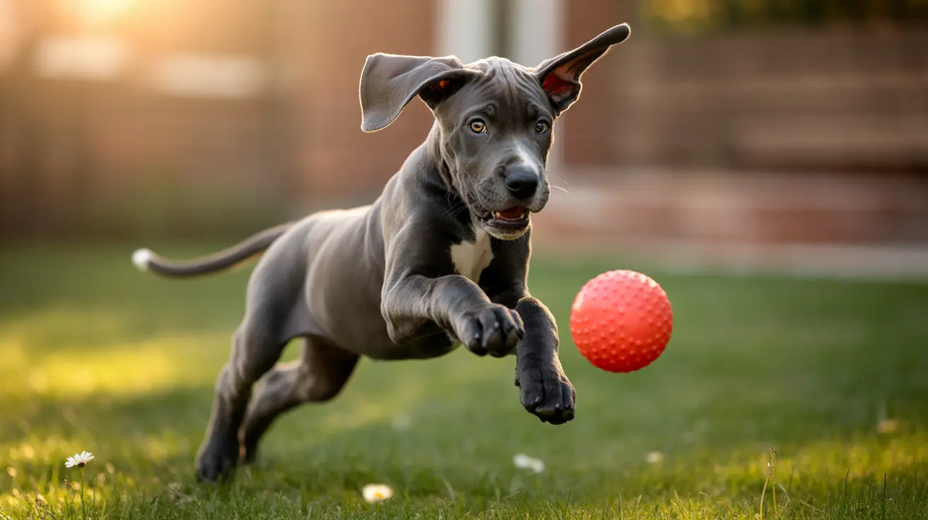 A playful young Great Dane puppy leaping mid-air to catch a bright red textured ball in a sunlit backyard