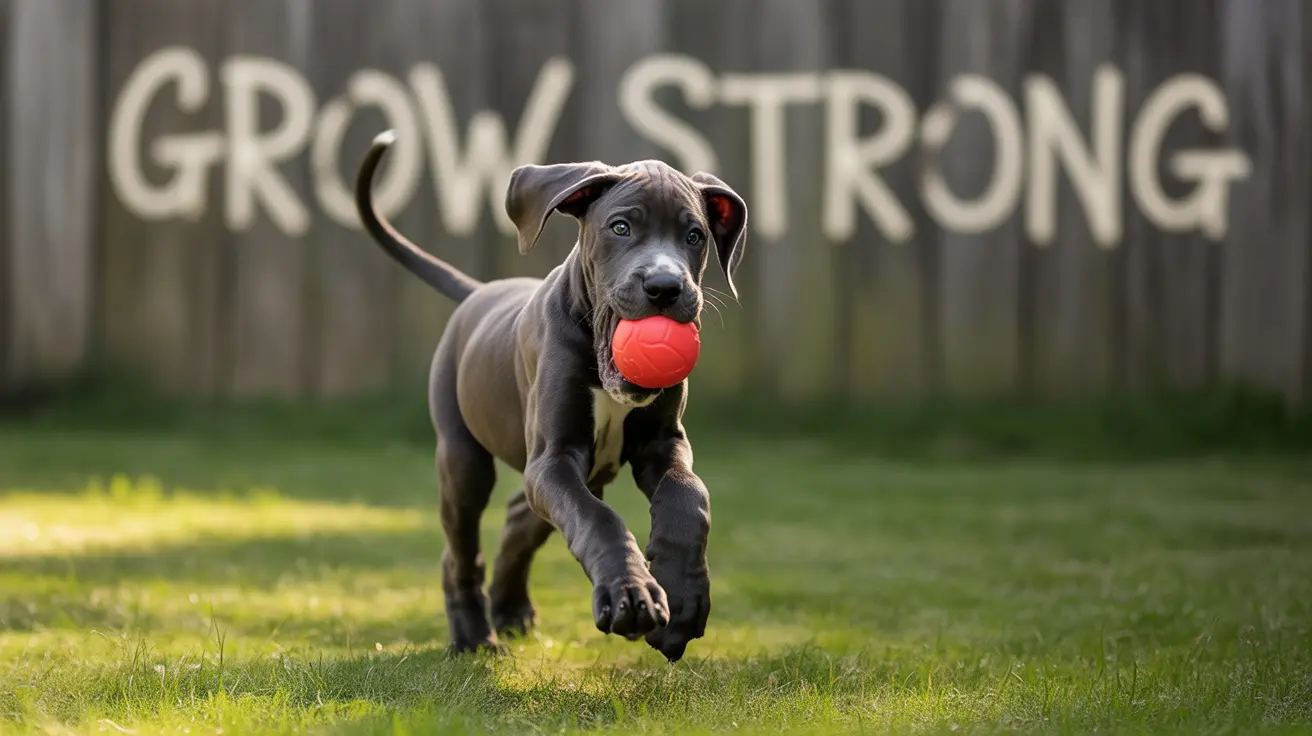 A young Great Dane puppy running with a bright red ball in its mouth in a grassy backyard with a wooden fence backdrop