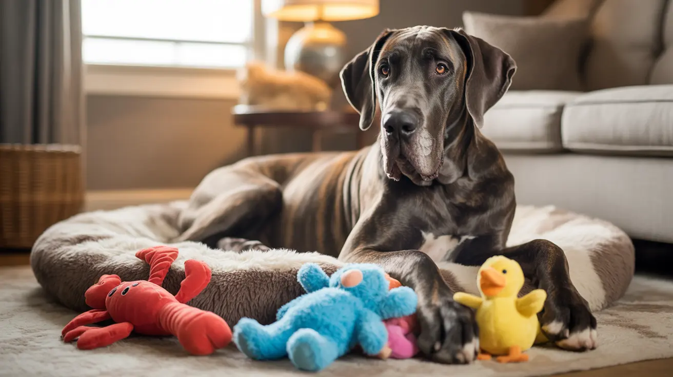 Majestic gray Great Dane resting on a soft pet bed with colorful stuffed toys around him