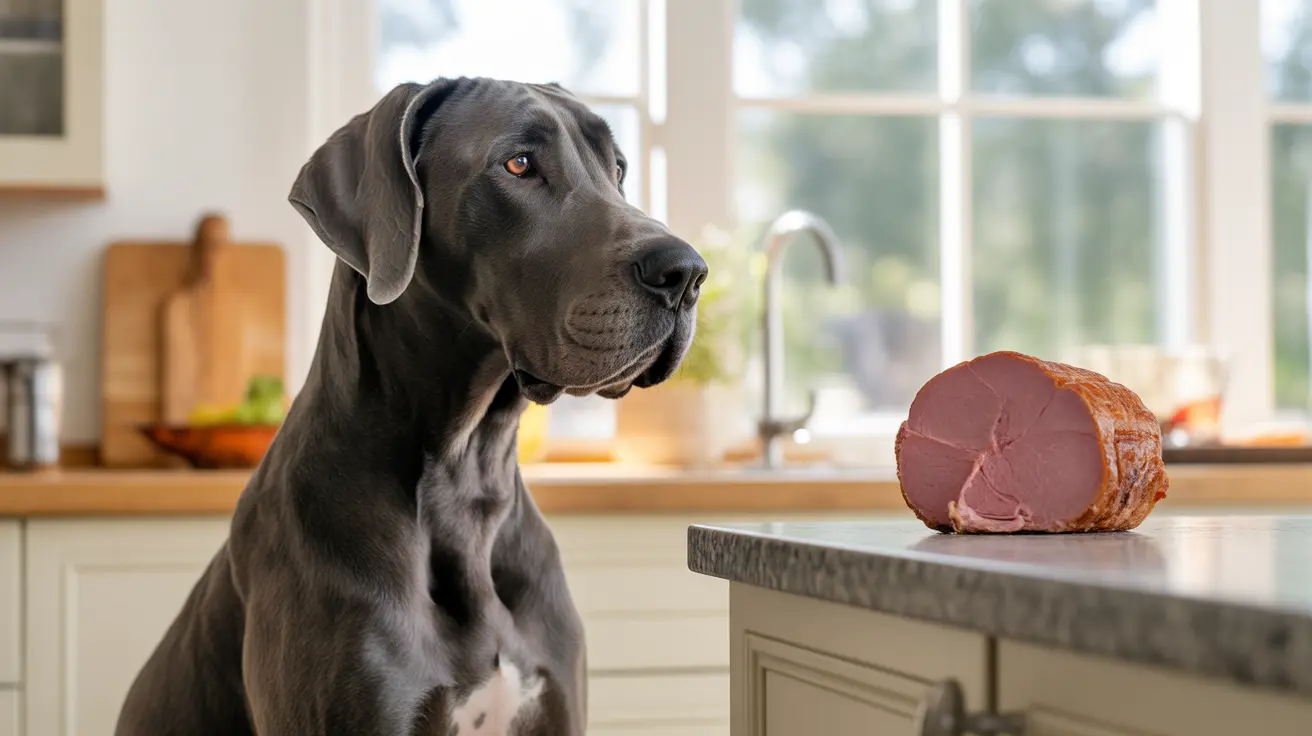 A large black Great Dane sitting in a kitchen, intently staring at a ham on the countertop