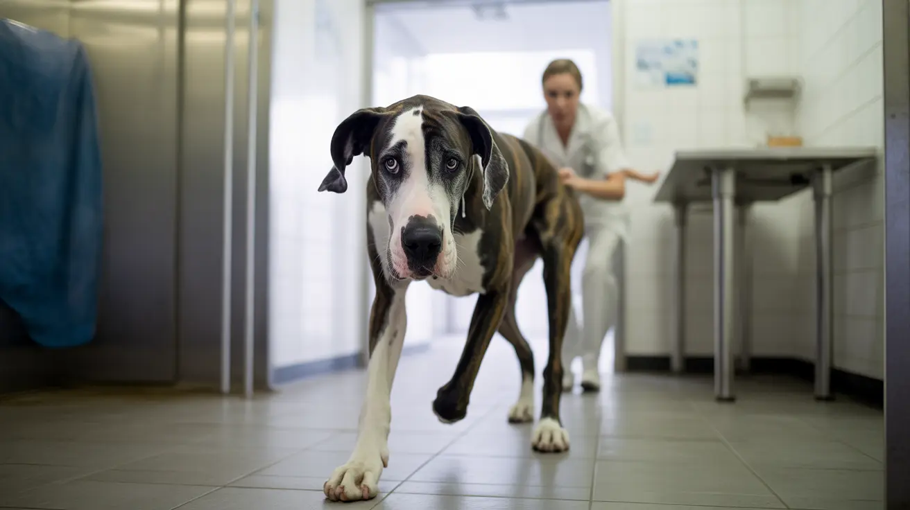 A large Great Dane standing nervously in a veterinary clinic examination room
