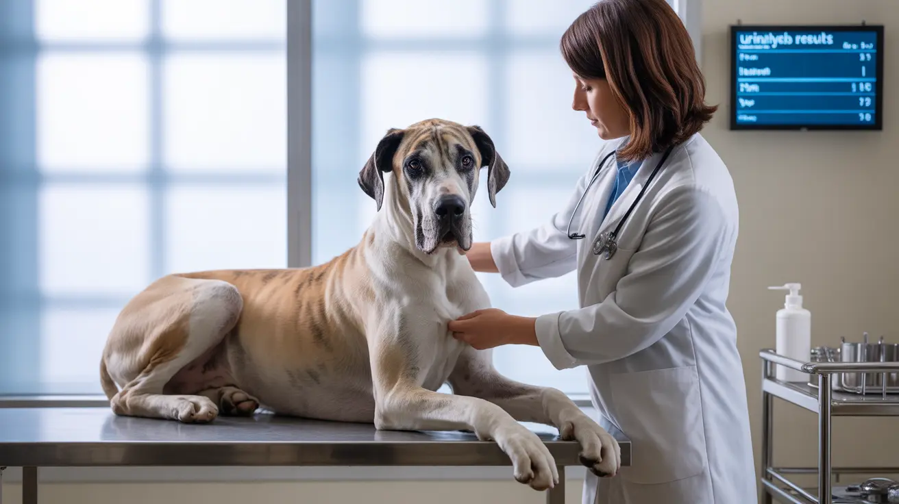 A large Great Dane receiving a medical examination from a veterinarian in a clinical setting