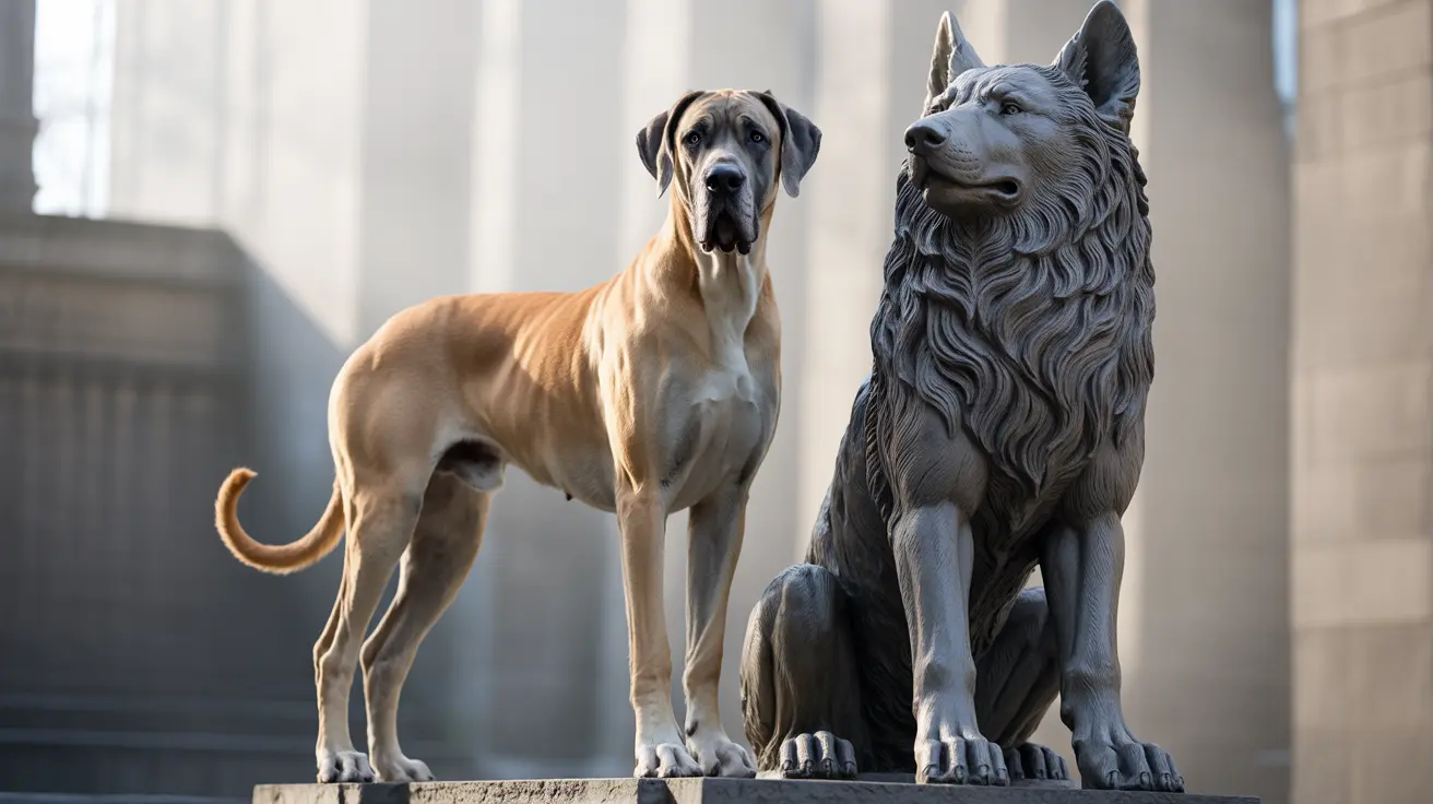 A majestic Great Dane standing beside a stone wolf statue on a stone platform in a minimalist, light-filled room