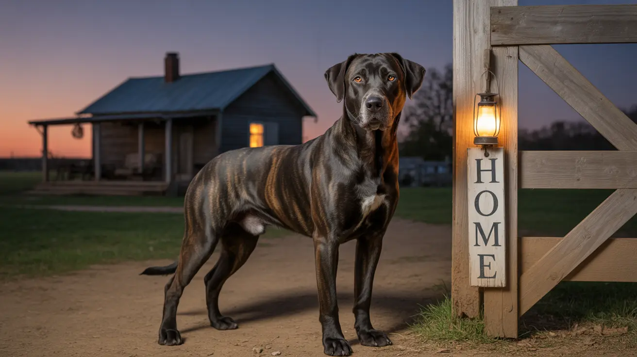 A majestic Great Dane standing confidently next to a wooden gate with a 'HOME' sign at dusk