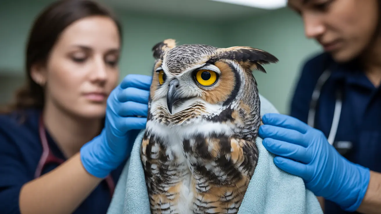 Great horned owl receiving specialized care after being rescued from cement mixer
