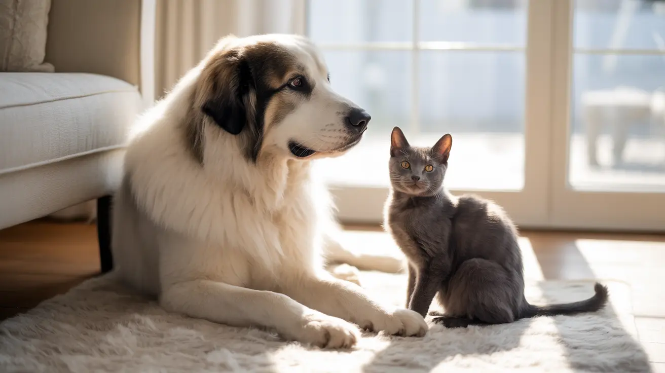 Un perro grande, esponjoso, blanco y marrón sentado junto a un gato gris, ambos relajándose juntos cerca de una ventana luminosa