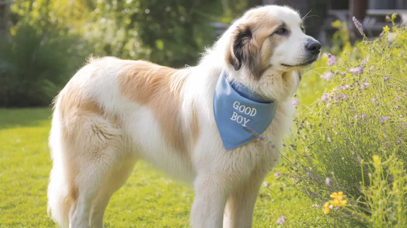 A gentle Great Pyrenees dog standing in a sunny garden wearing a blue 'Good Boy' bandana