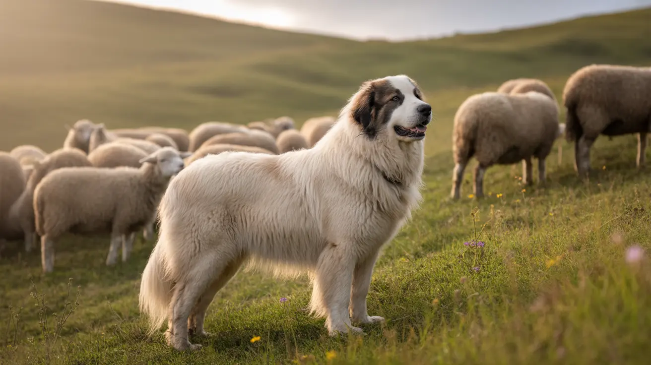 A majestic Great Pyrenees standing guard over a flock of sheep in a rolling, green pasture at sunset.