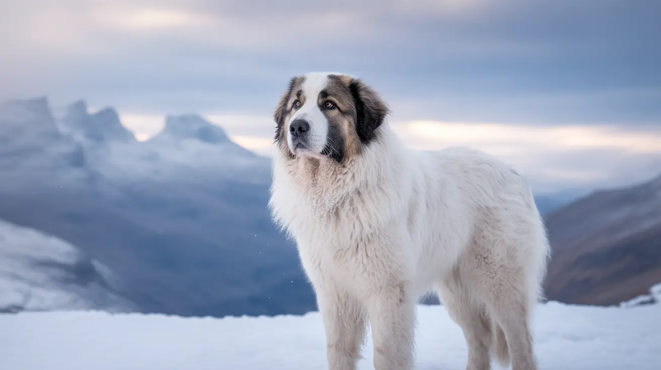 A majestic white and gray Great Pyrenees standing confidently in a snowy mountain landscape