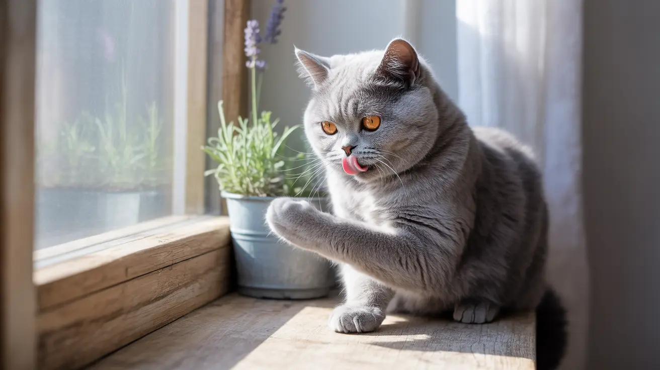Grey British Shorthair cat licking its lips sitting on a windowsill