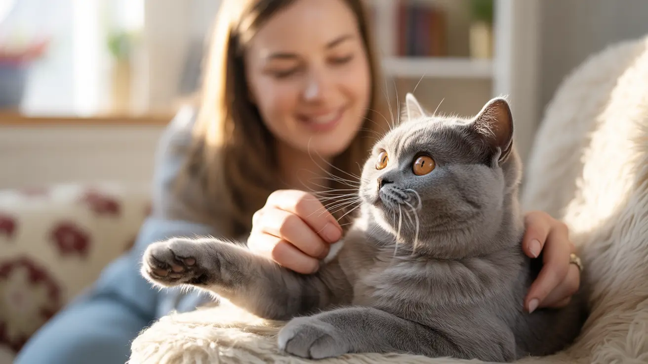 Gato British Shorthair cinza sentado confortavelmente em um cobertor branco macio enquanto é gentilmente acariciado por uma pessoa