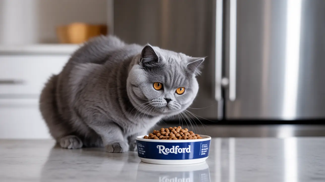 A grey British Shorthair cat sitting next to a bowl of Redford cat food