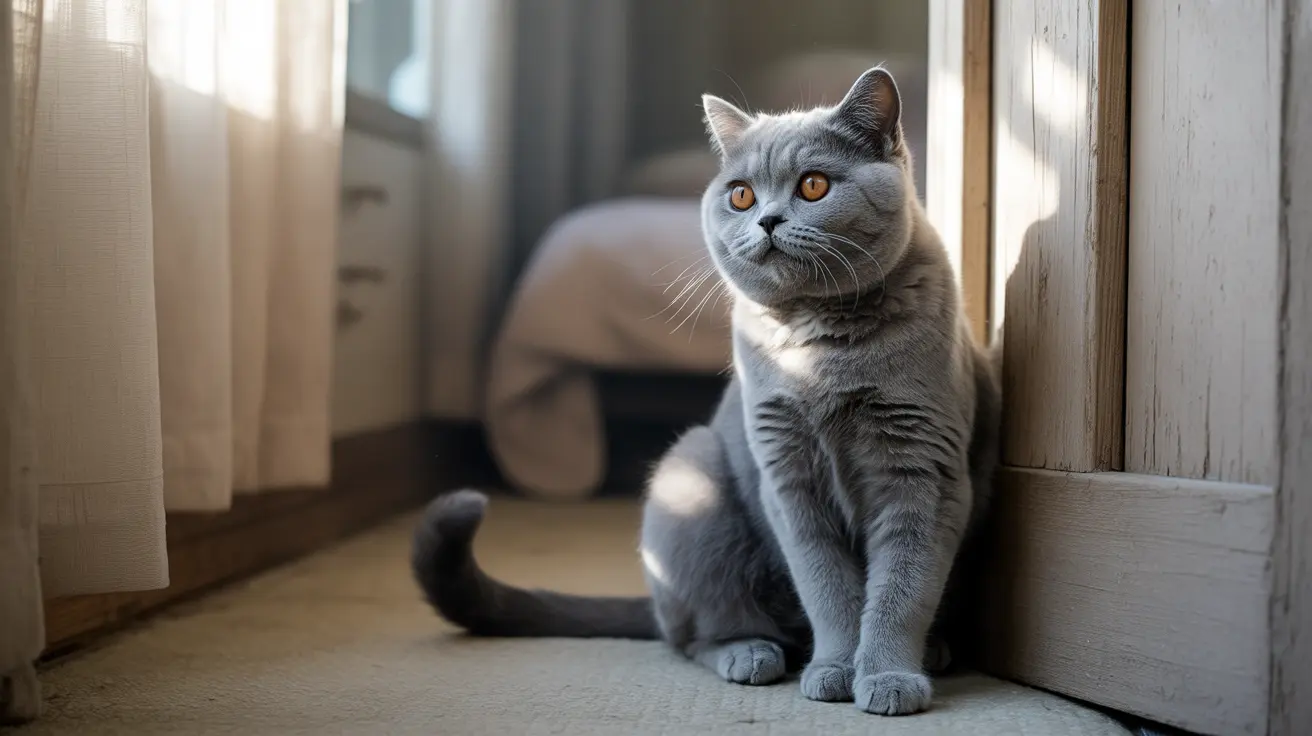 Grey British Shorthair cat sitting elegantly by a window with soft light filtering through curtains