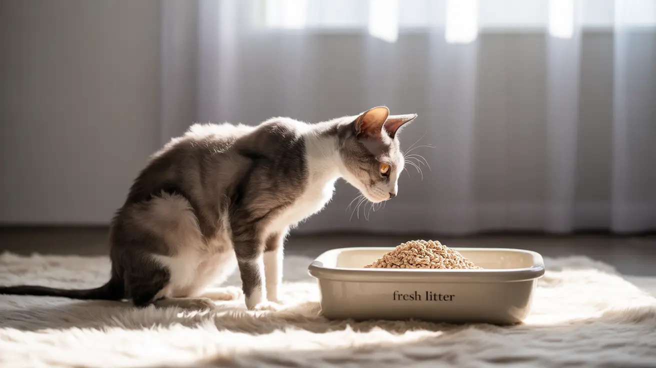 A grey and white cat sitting next to a litter box filled with cat litter