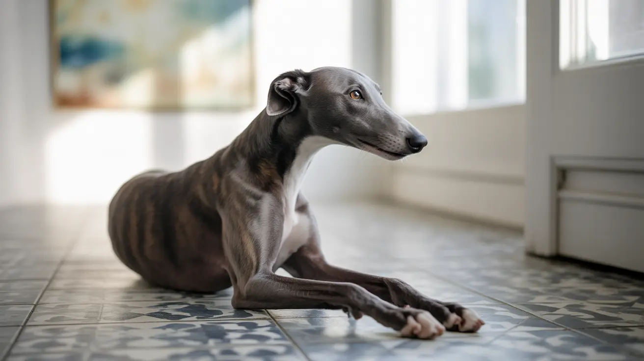 A sleek grey and white Greyhound resting elegantly on a patterned tile floor near a window