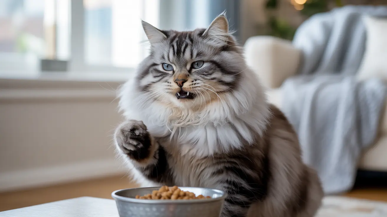 A fluffy Norwegian Forest Cat with a grumpy expression sitting near a food bowl