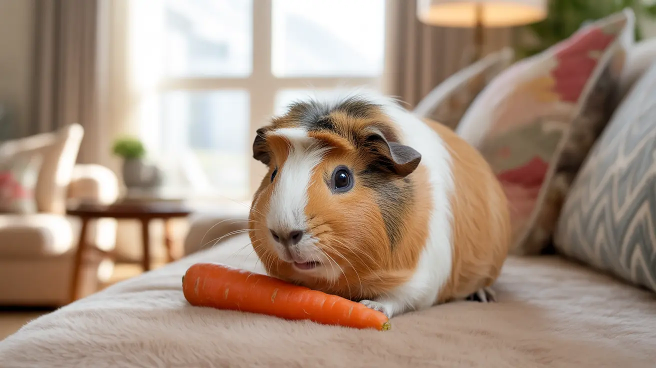 Brown, white, and black guinea pig sitting on beige couch with a carrot in a cozy living room