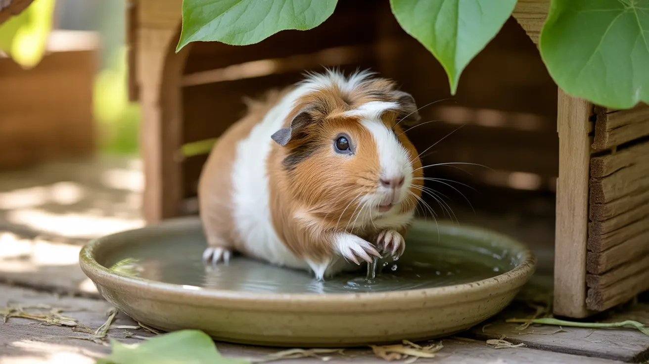 Guinea pig drinking water from a shallow ceramic dish under wooden shelter with green leaves overhead