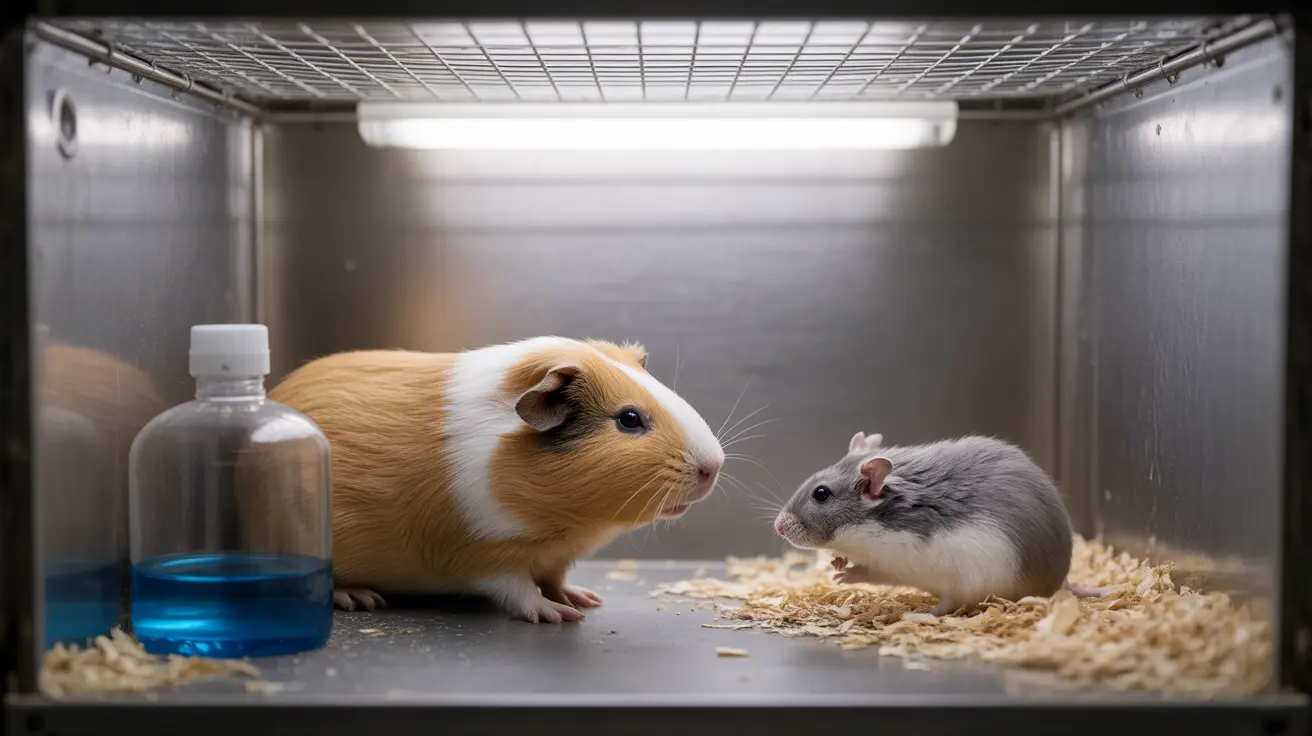 Laboratory setting with guinea pigs and hamsters in research cages