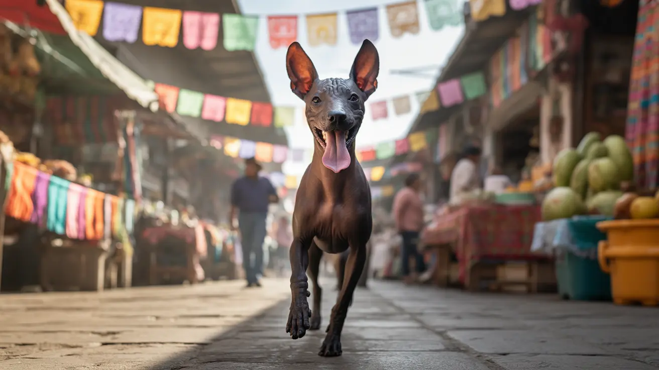 Hairless dog walking confidently through a colorful Mexican market street decorated with festive papel picado banners