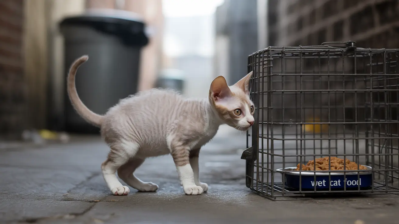 A hairless kitten standing near a wire cage with cat food
