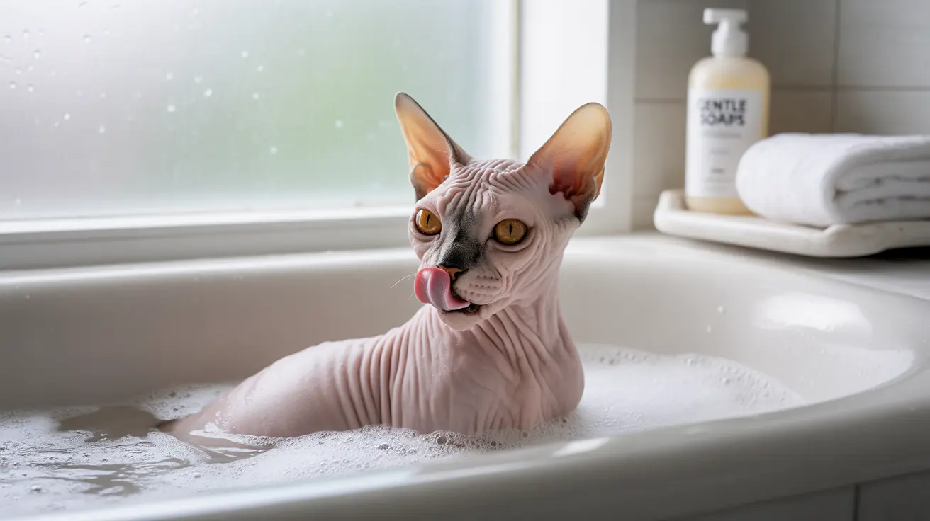 A hairless Sphynx cat sitting in a bubble bath, looking alert with its tongue slightly out.