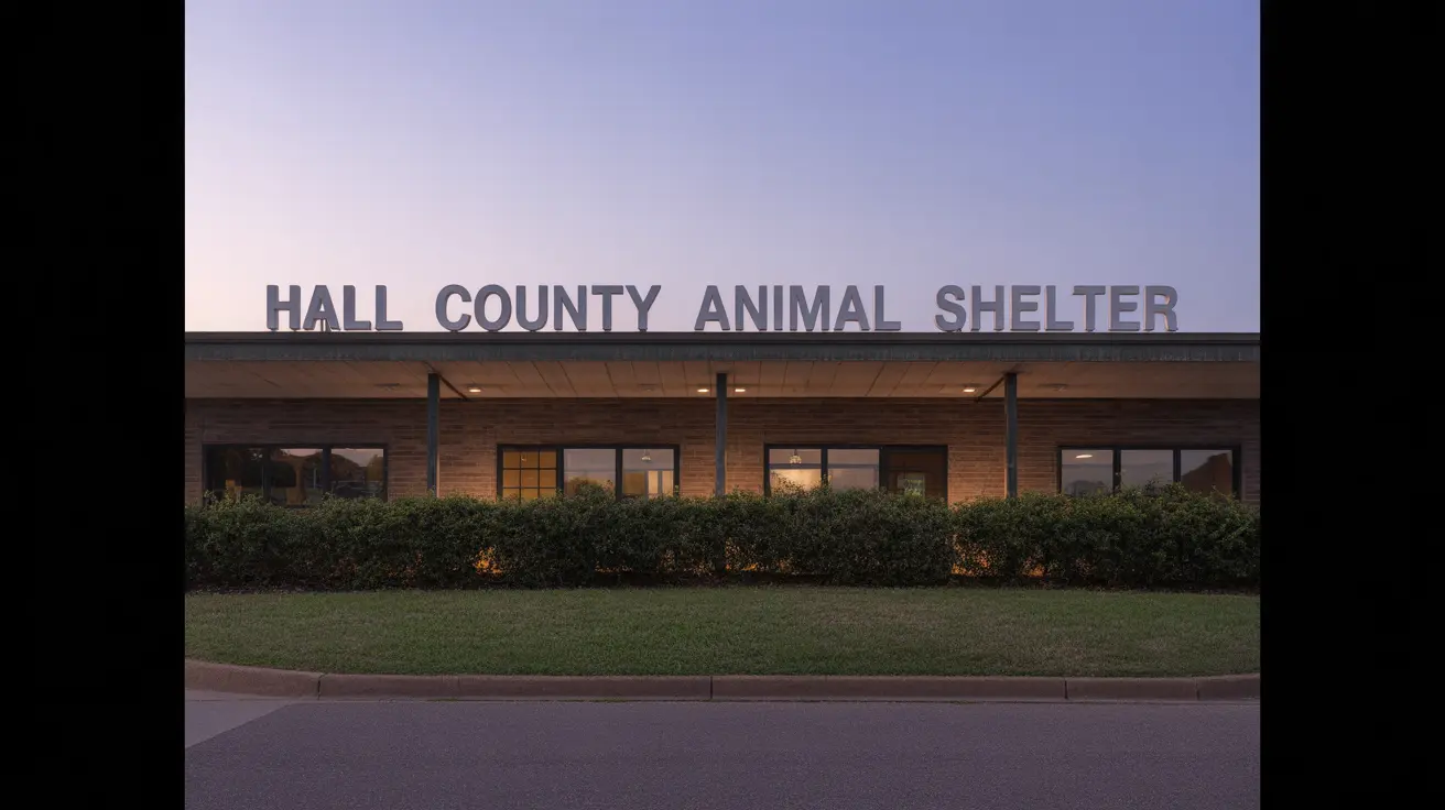 薄明かりの時間帯のホール郡動物保護施設の外観