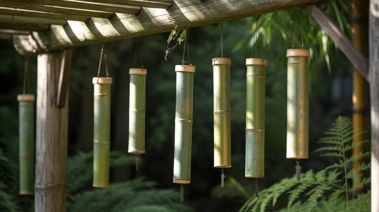 Hand-painted bamboo wind chimes hanging in a peaceful memorial space at Akron Zoo