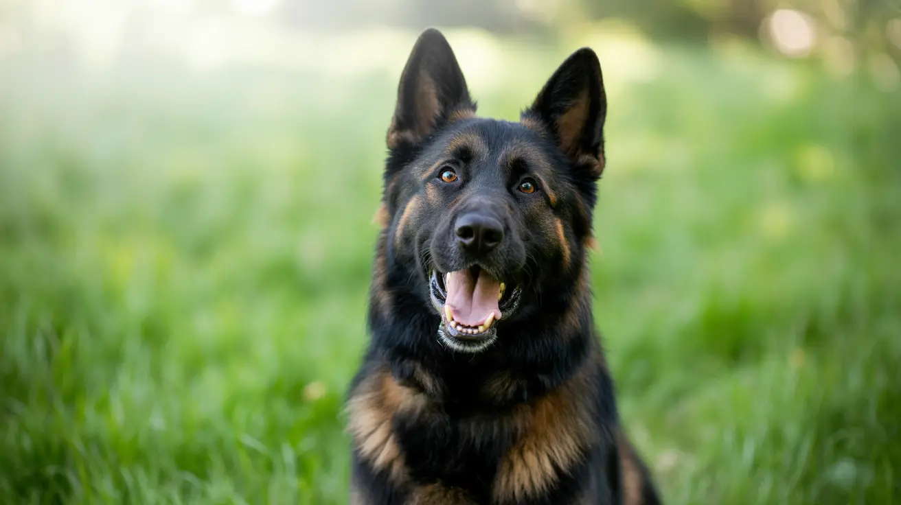Um cachorro Pastor Alemão sentado feliz com a língua para fora em um ambiente verde ao ar livre.