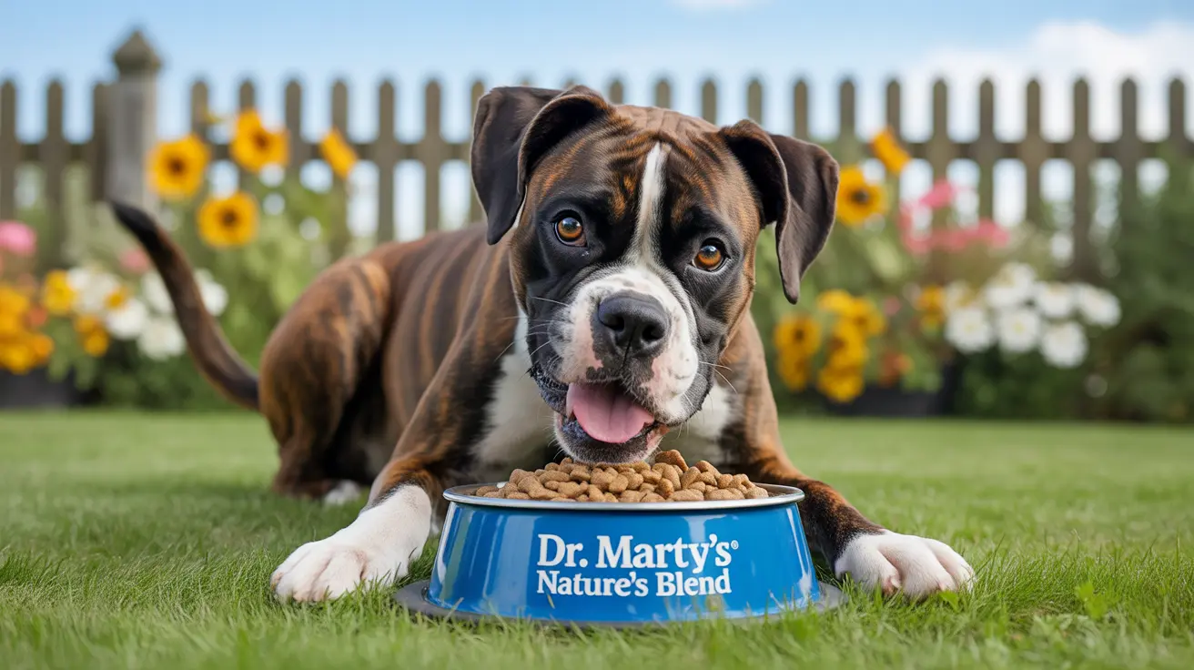 A happy Boxer dog sitting in a garden with a bowl of Dr. Marty's Nature's Blend dog food