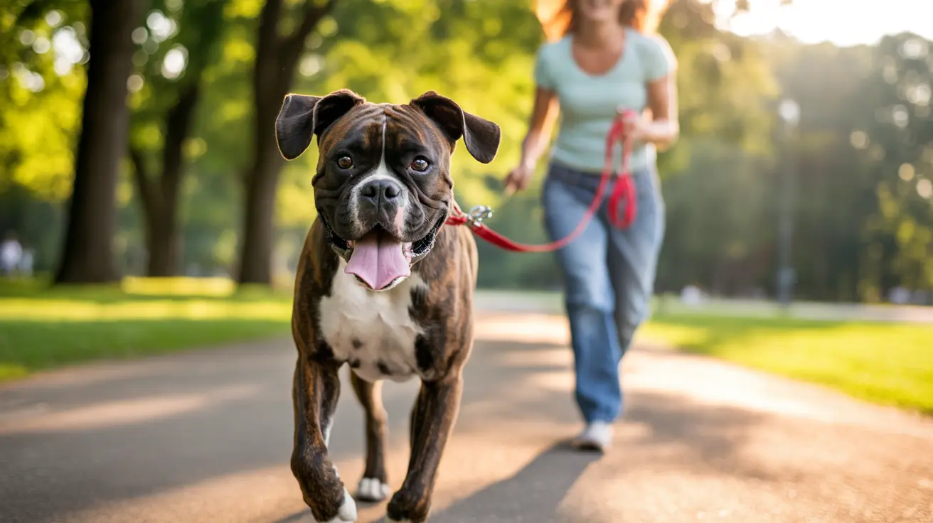 日差しが差し込む公園の小道を人と一緒に歩いている幸せそうなボクサー犬