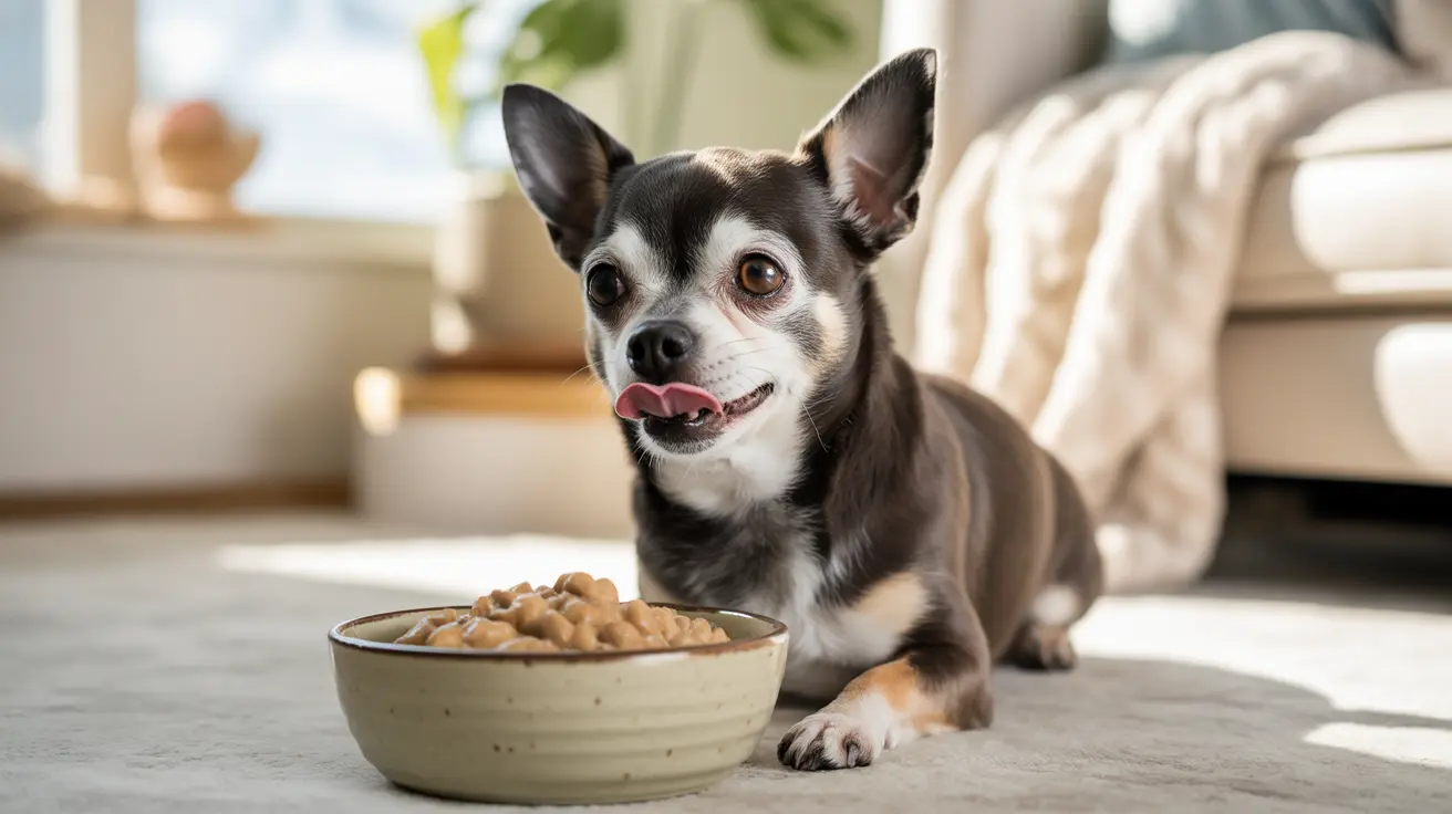 A happy Chihuahua sitting next to a bowl of dog food, excited with tongue slightly out