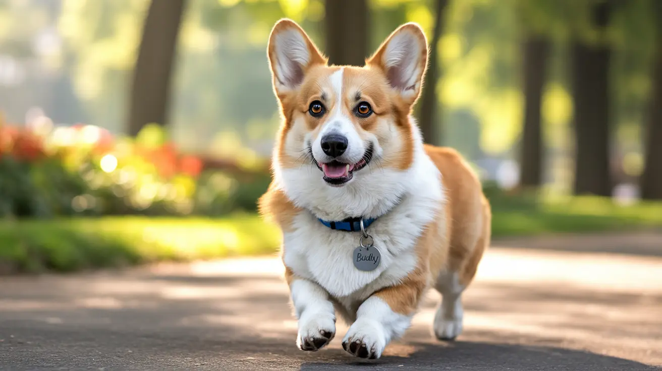 Un Corgi feliz sentado en un camino de parque soleado, rodeado de árboles y flores desenfocadas en el fondo.