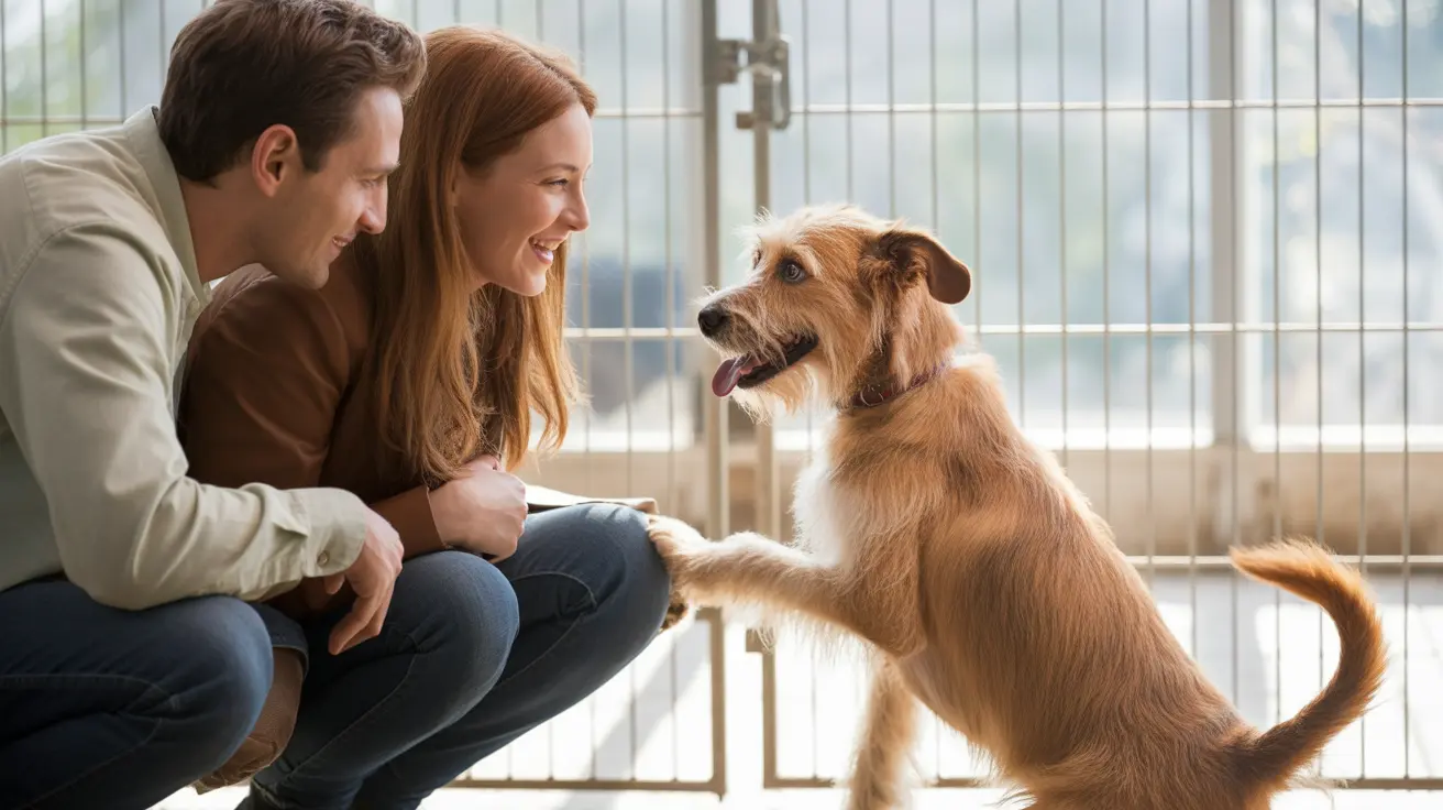 Happy adopted dog with family at a pet adoption event