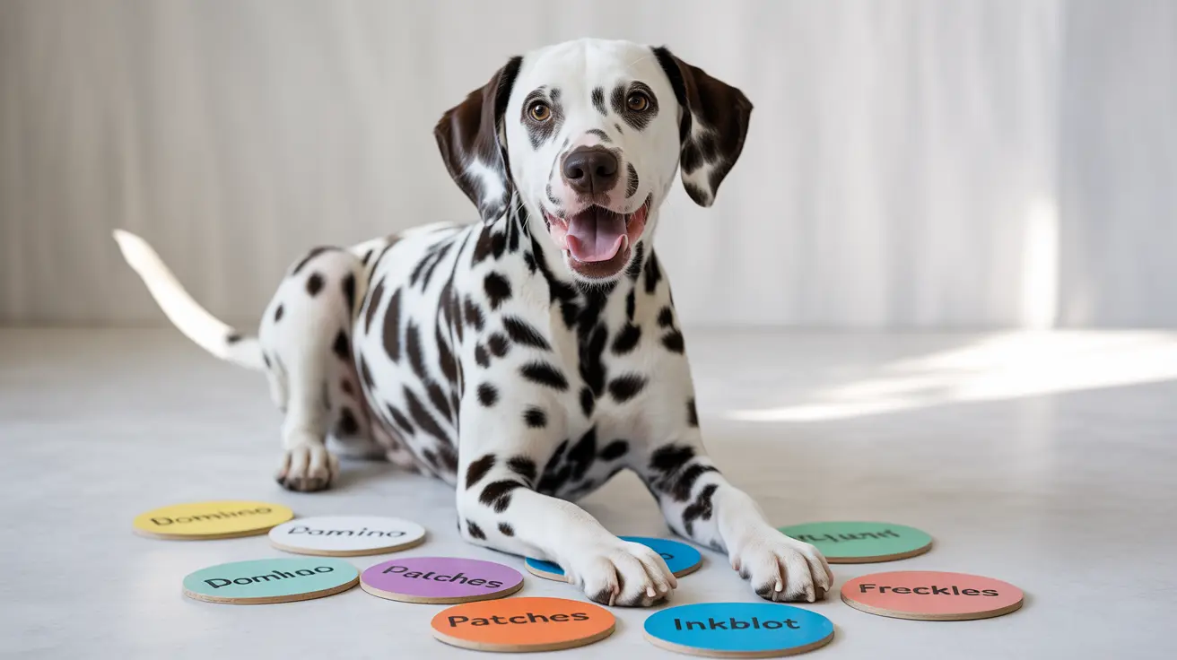 A happy Dalmatian dog sitting among colorful name tags with potential names written on them.