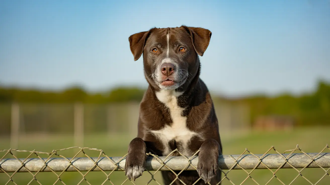 Un perro de raza mixta marrón y blanco con ojos ámbar apoyando sus patas en una cerca de malla en un entorno exterior