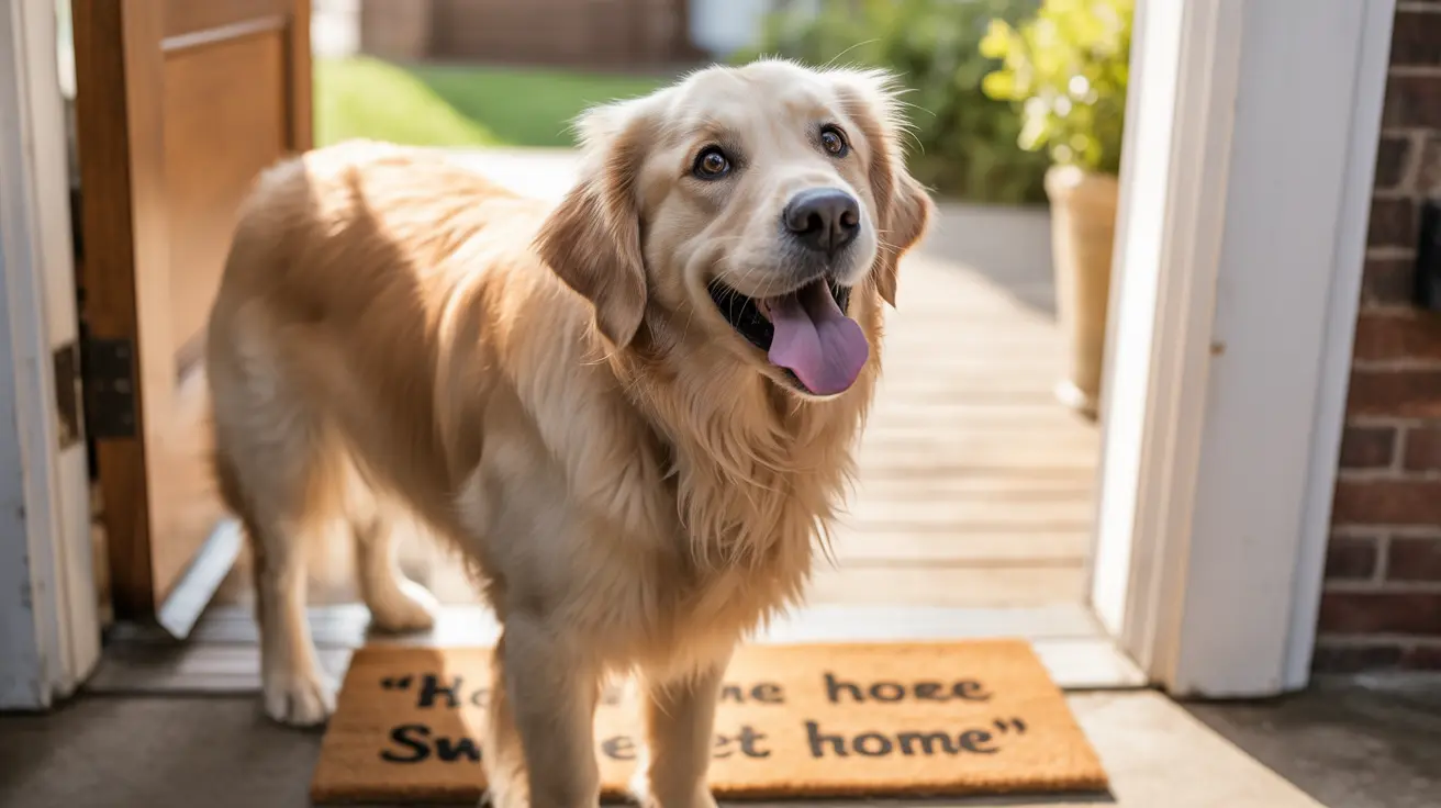 Un golden retriever feliz de pie en una entrada sobre un felpudo de bienvenida, luciendo alegre con la lengua afuera.