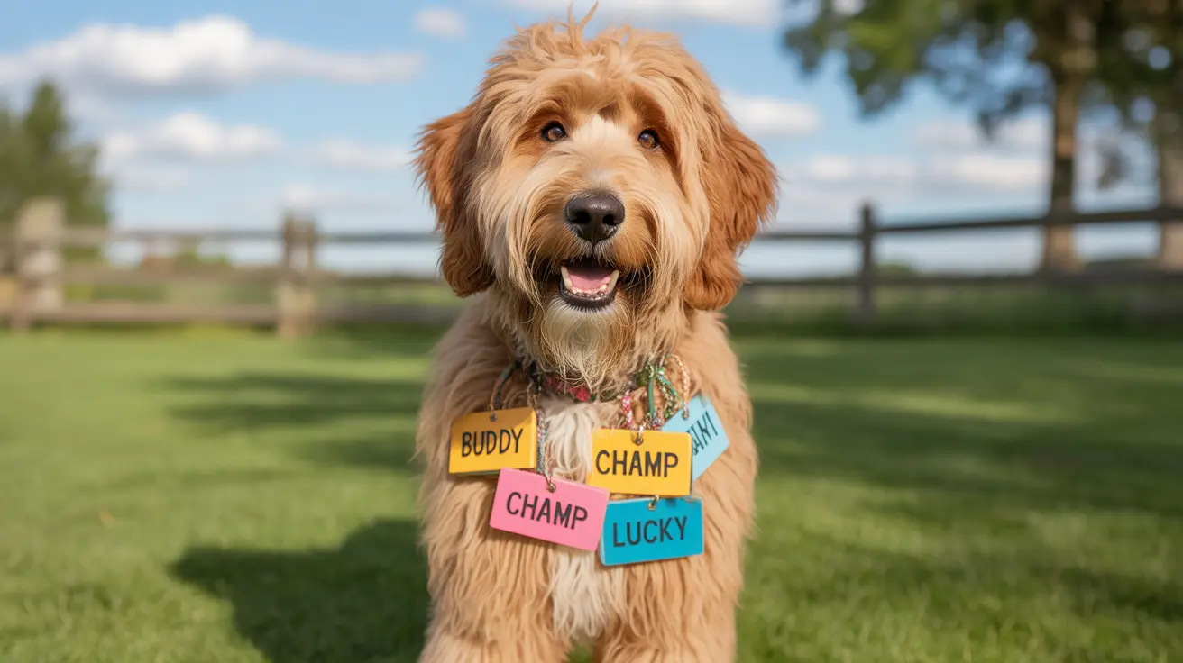A happy Goldendoodle wearing multiple colorful name tags in a grassy outdoor setting