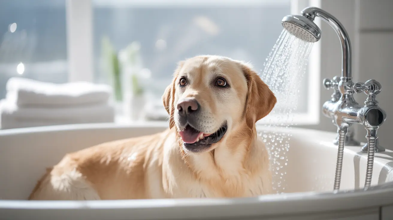 Happy Labrador Retriever sitting in white bathtub being showered with handheld sprayer in bright bathroom