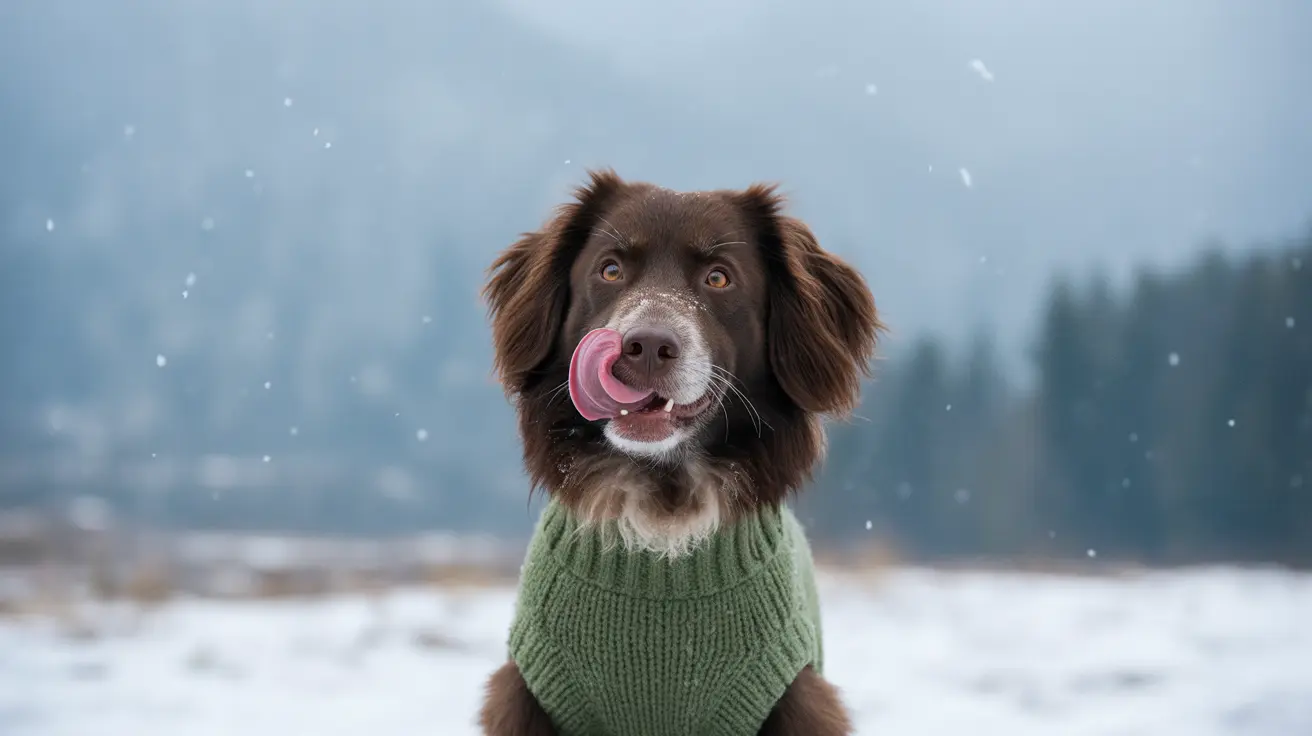 A happy dog wearing a winter coat playing outside in the snow